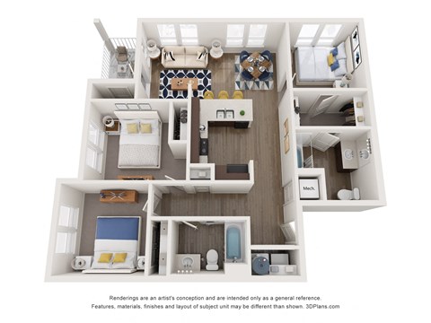 a stylized floor plan with a bedroom and a living room